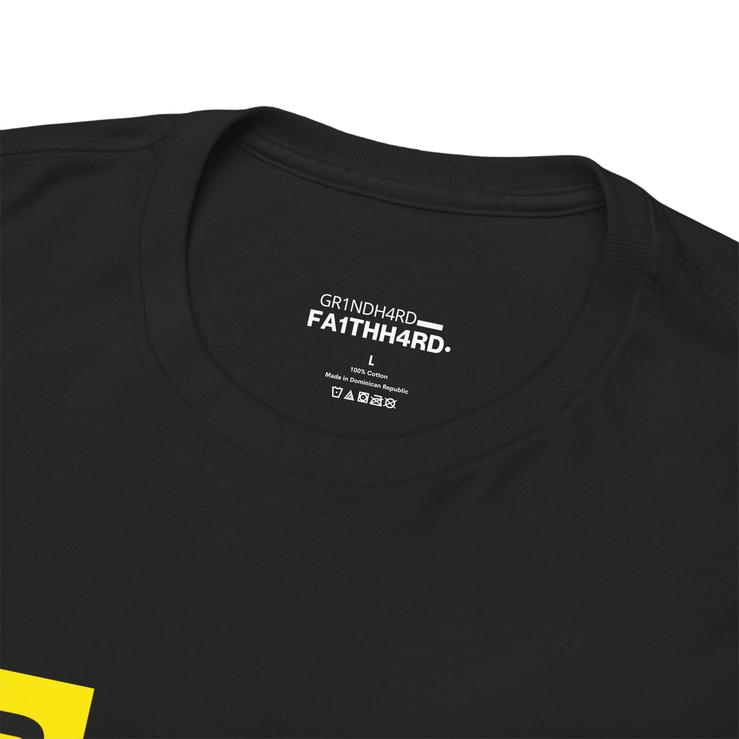 Unisex Heavy Cotton Tee -"GR!NDH4RD FA1THH4RD" Black & Yellow