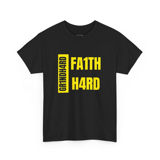 Unisex Heavy Cotton Tee -"GR!NDH4RD FA1THH4RD" Black & Yellow