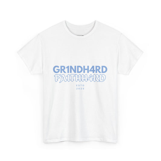 "GR1NDH4RD FA1THH4RD" Heavy Cotton Tee - White & Carolina Blue